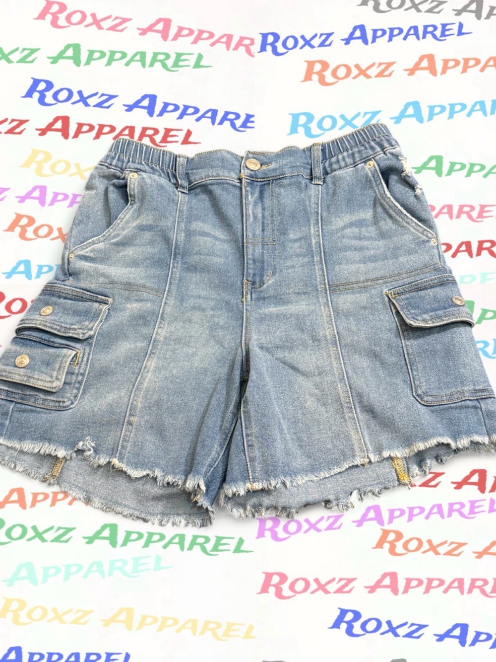 Roxz Apparel Light Blue Denim Cargo Shorts with Frayed Hem